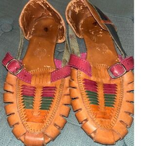 Vintage Mexican Huarache Sandals Multi-Color Woven‎ Leather Flats Boho Size 7